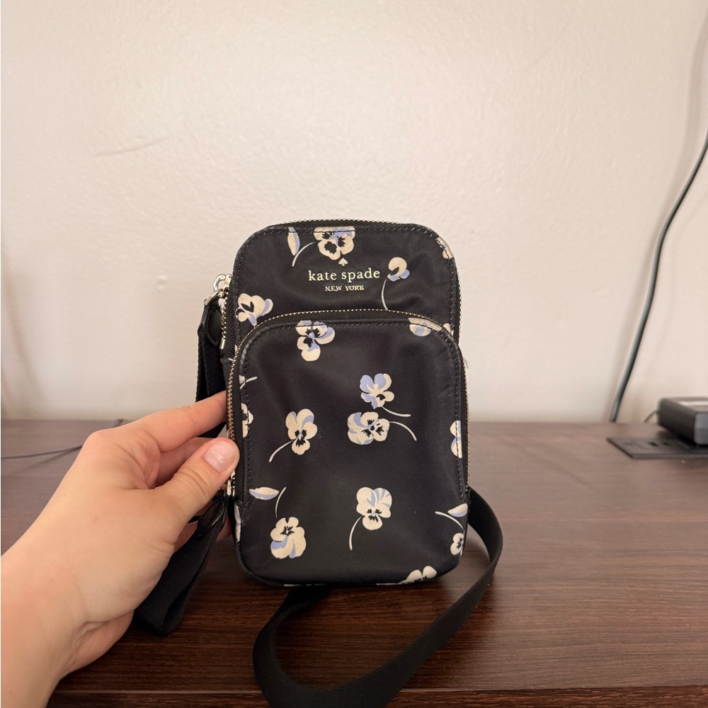Kate Spade Black, Purple, and Cream Floral Crossbody Phone Bag